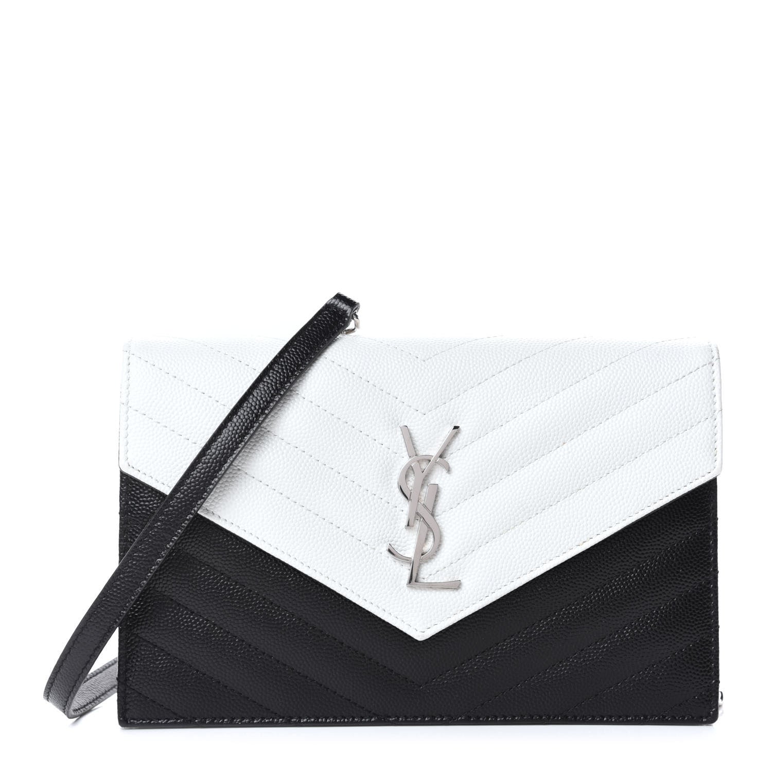 Saint Laurent Grain De Poudre Matelasse Chevron Monogram Envelope Chain Wallet Pearl White Black 1 of 8