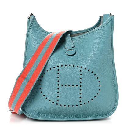 Hermes Taurillon Clemence Amazone Evelyne III PM Bleu Saint Cyr Orange Poppy 1 of 10