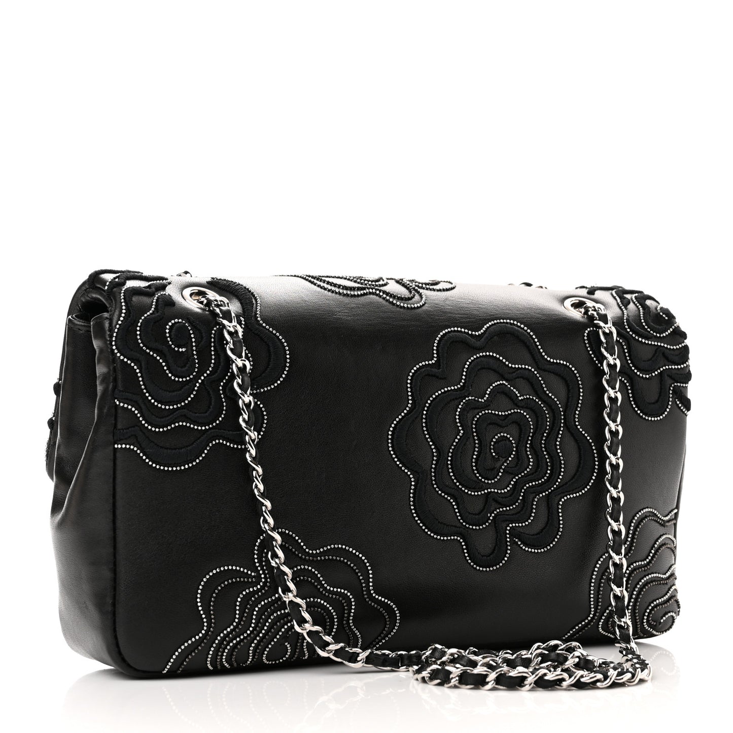 Lambskin Embroidered Camellia Follies Flap Black