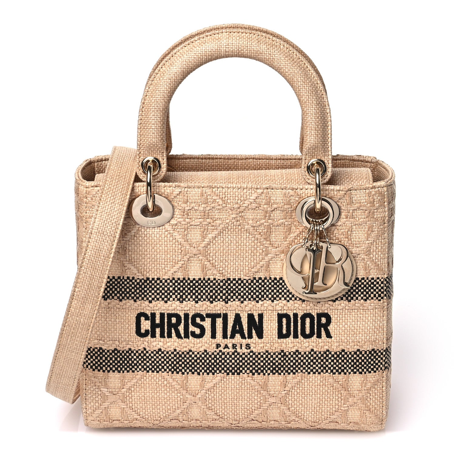 Christian Dior Raffia Woven Cannage Embroidered Medium Lady D-Lite Natural Black 1 of 10