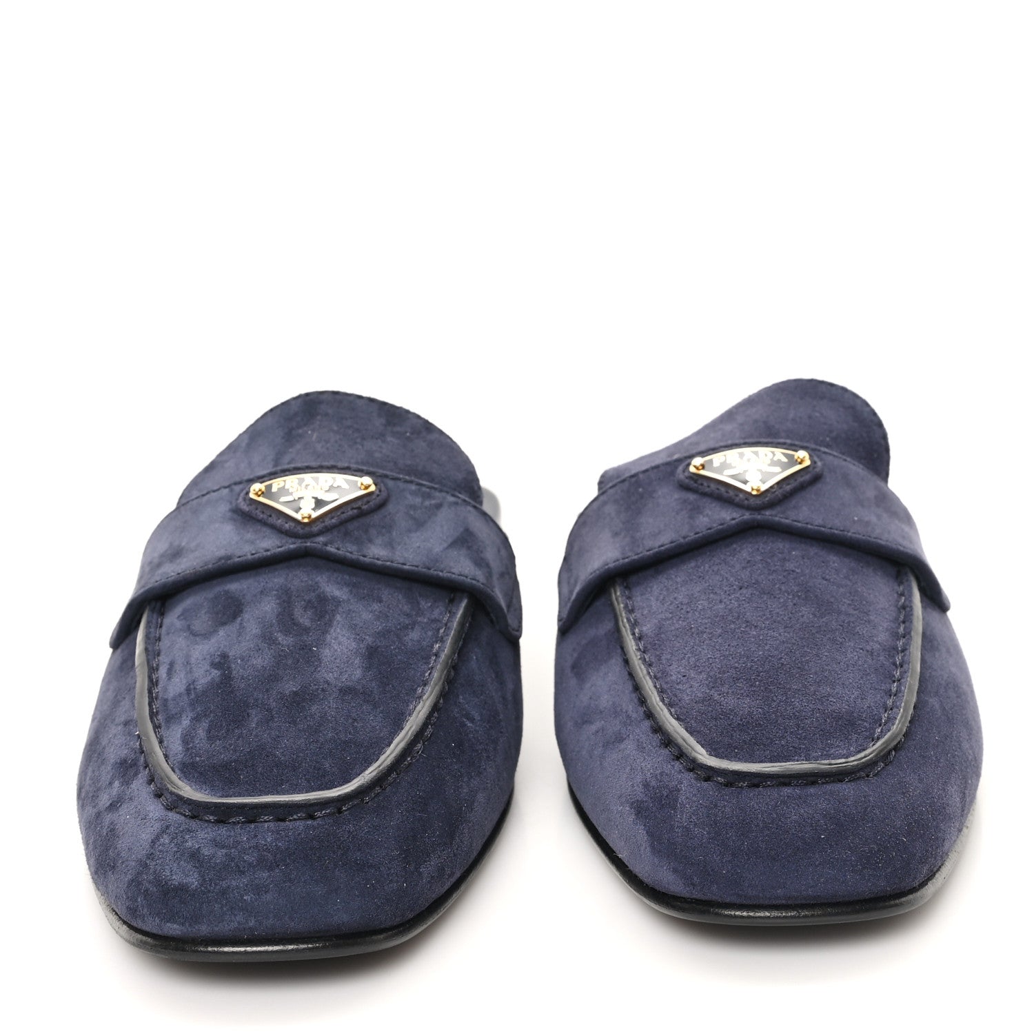 Prada Suede Metal Triangle Logo 10mm Loafer Mules 37 Bleu 3 of 9