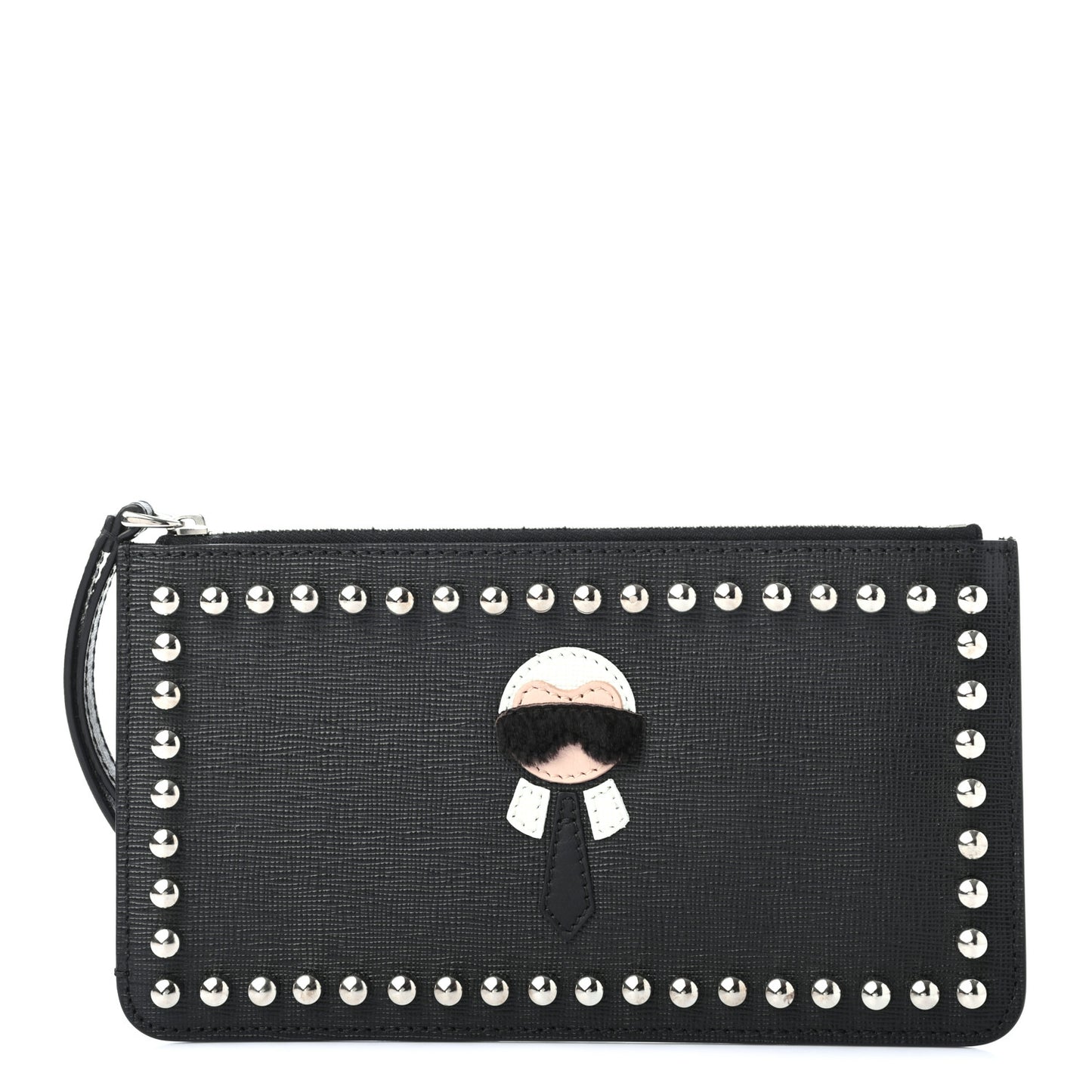 Vitello Elite Mink Fur Studded Karlito Zip Pouch Black