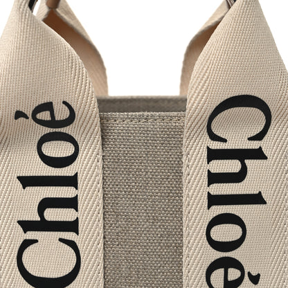 Chloe Linen Calfskin Small Woody Ribbon Tote With Strap White Light Brown 8 of 10