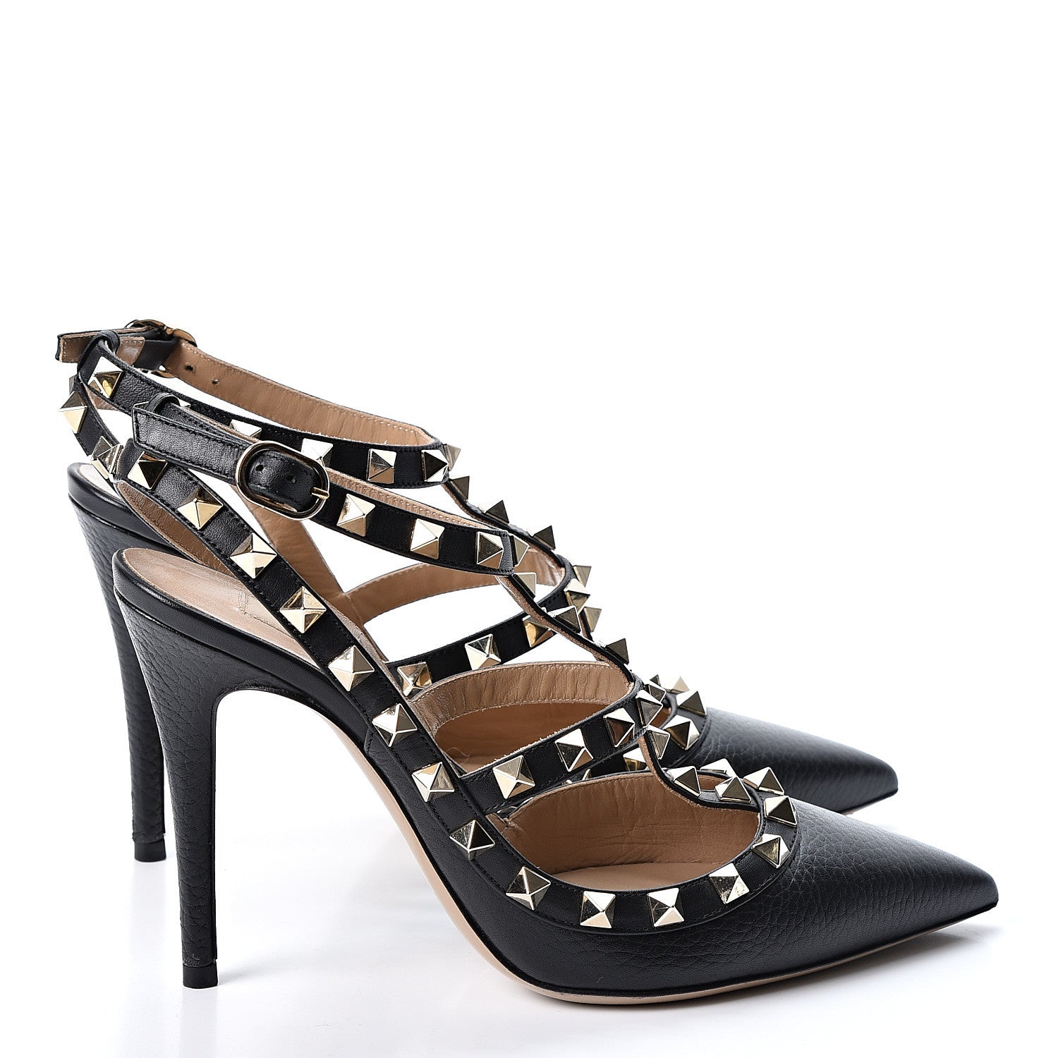 Valentino Garavani Pebbled Calfskin Rockstud Ankle Strap 100mm Pumps 35.5 Black 4 of 8