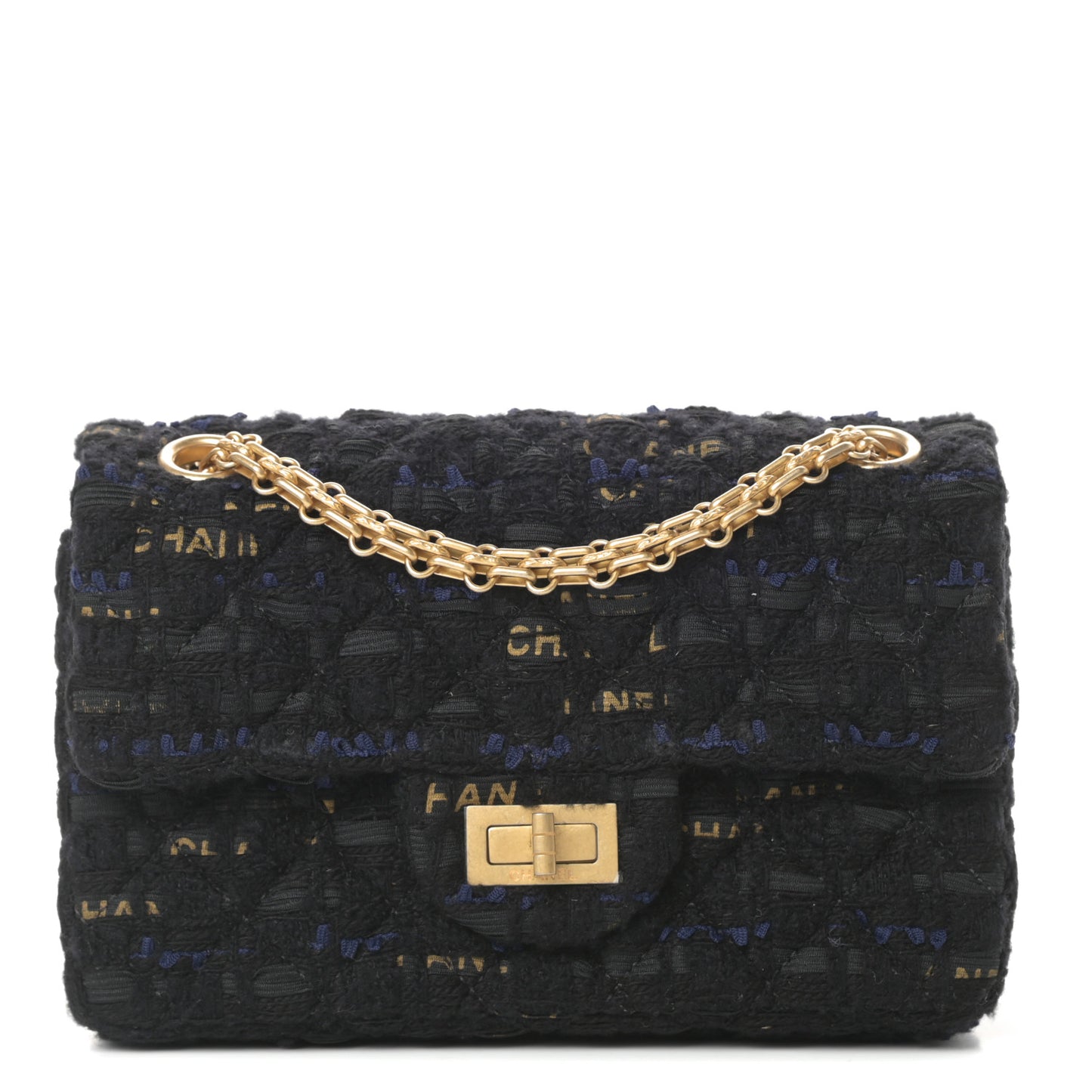 Tweed Quilted Mini 2.55 Reissue Flap Black Gold Navy