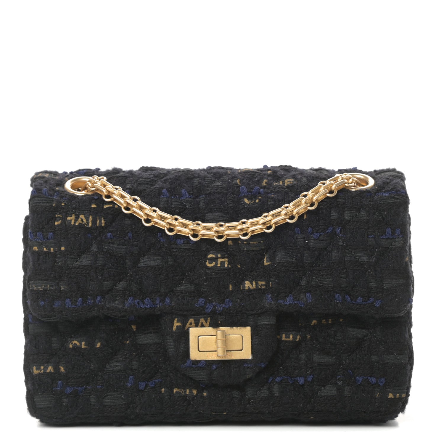 Chanel Tweed Quilted Mini 2.55 Reissue Flap Black Gold Navy 1 of 11