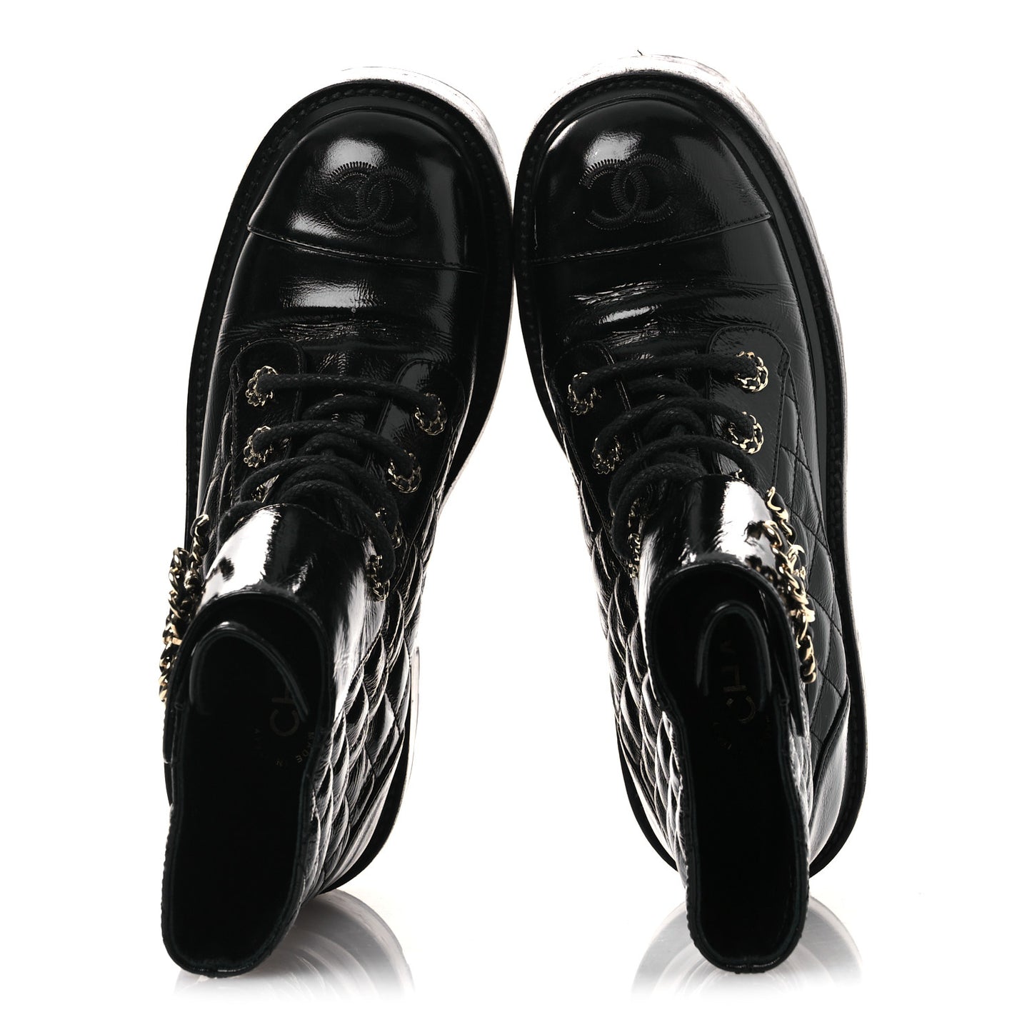 Shiny Calfskin Quilted Lace Up Combat Boots 37 Black