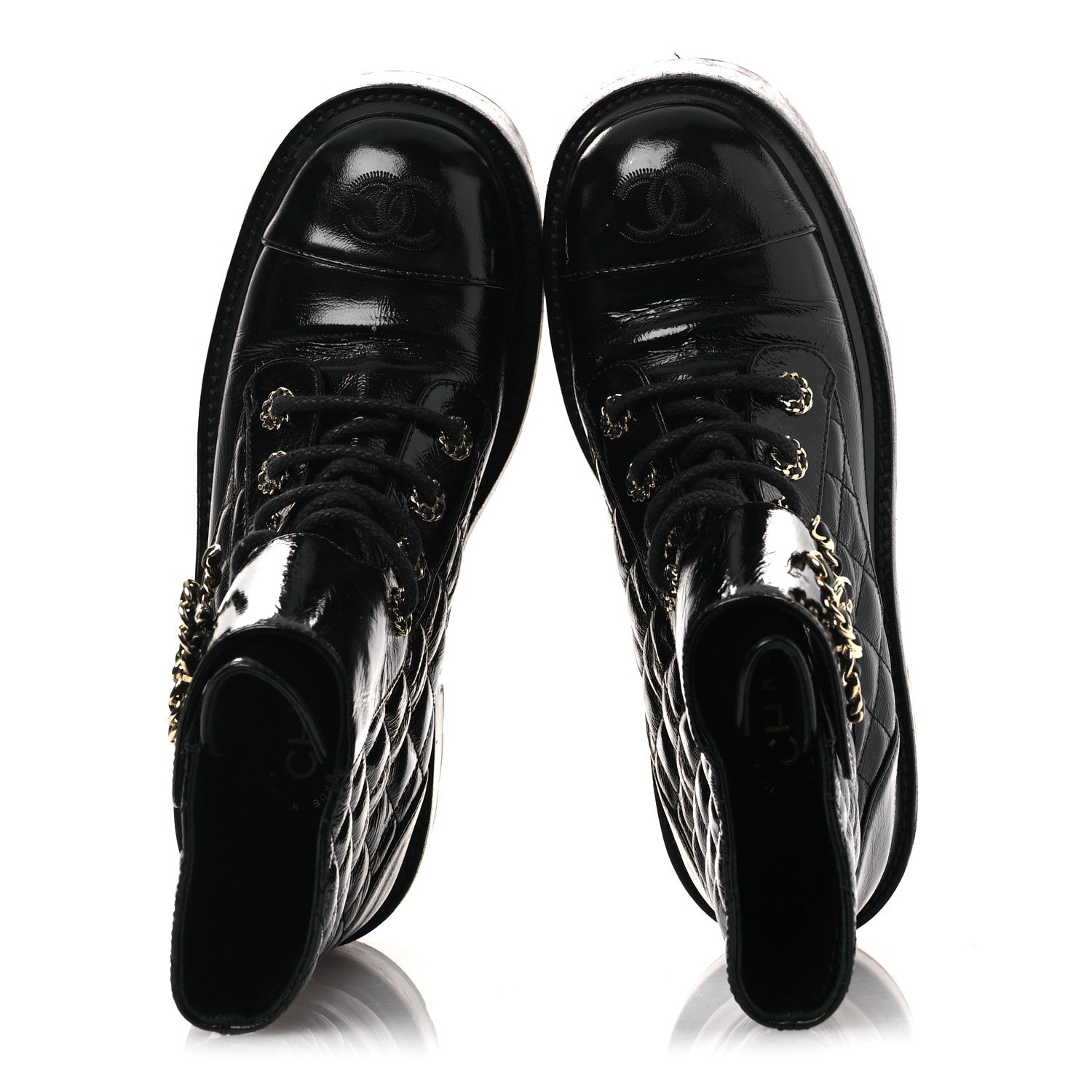 Chanel Shiny Calfskin Quilted Lace Up Combat Boots 37 Black 3 of 28