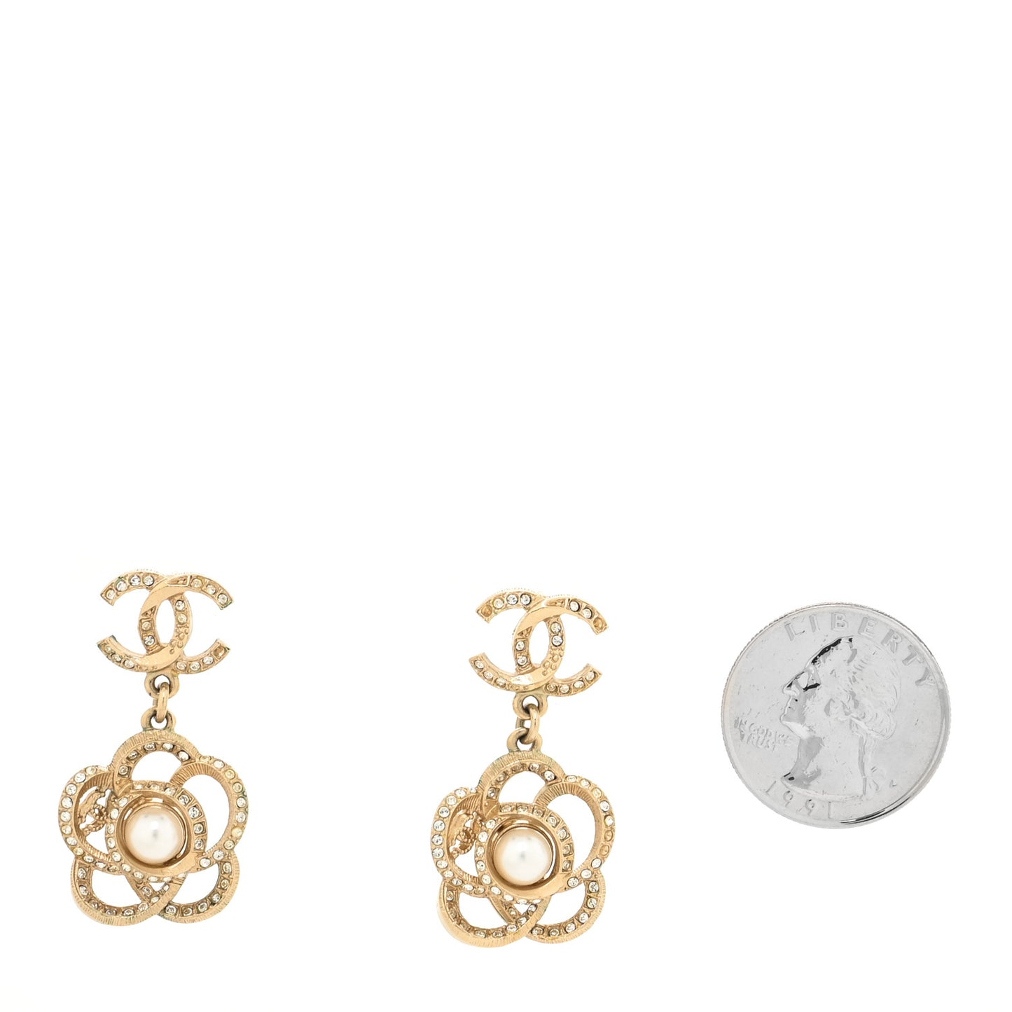 Crystal Pearl Camellia CC Drop Earrings Gold