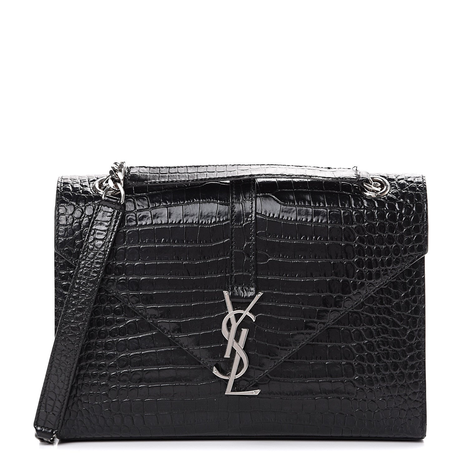 Saint Laurent Calfskin Crocodile Embossed Medium Monogram Envelope Chain Shoulder Bag Black 1 of 15