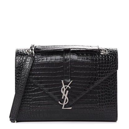Saint Laurent Calfskin Crocodile Embossed Medium Monogram Envelope Chain Shoulder Bag Black 1 of 15