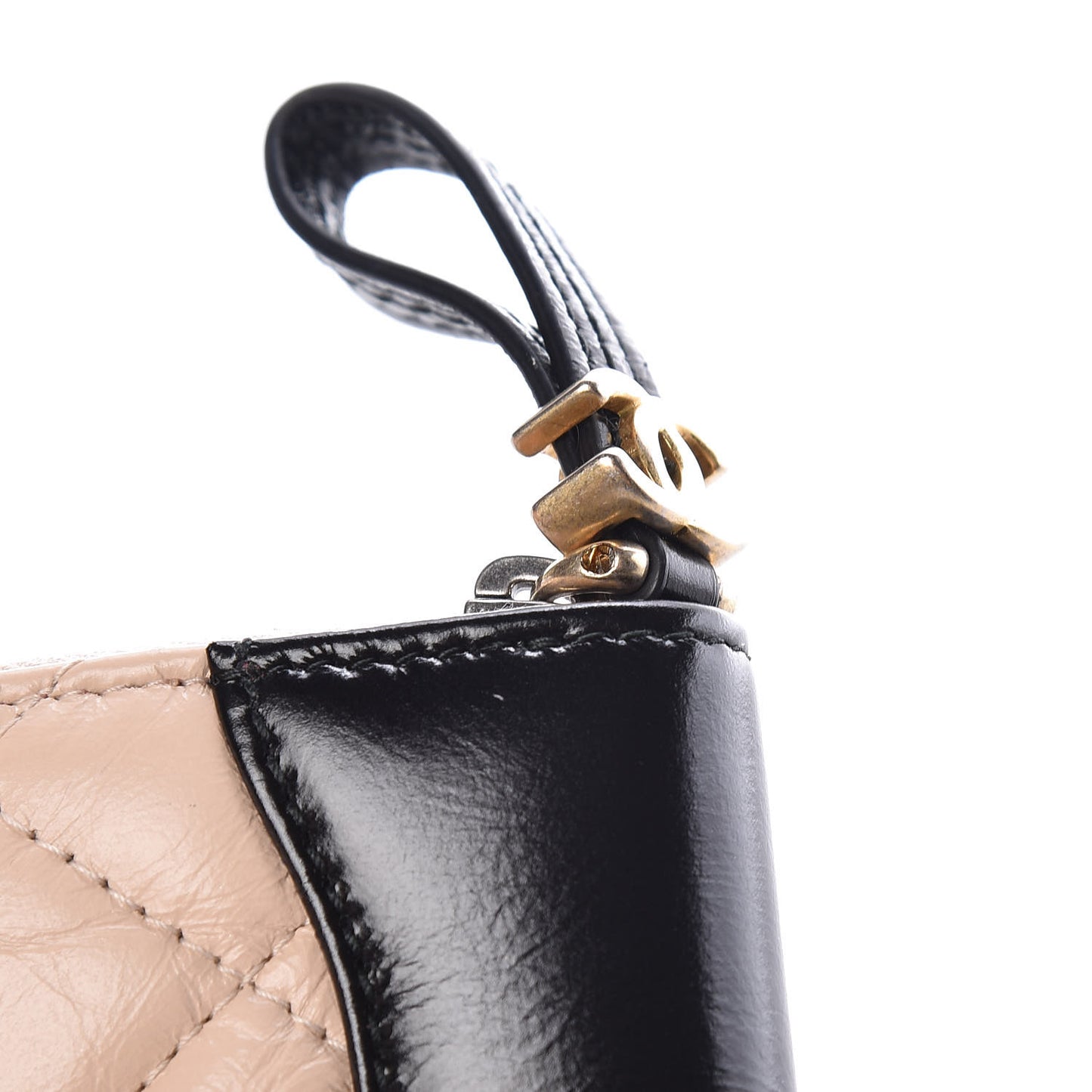 Aged Calfskin Quilted Gabrielle Zip Around Coin Purse Wallet Beige Black