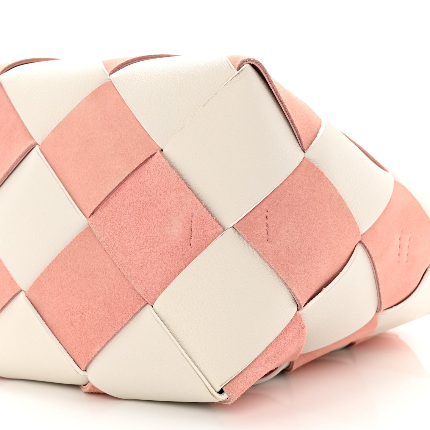 Calfskin Suede Gingham Woven Basket Bag Soft Pink White