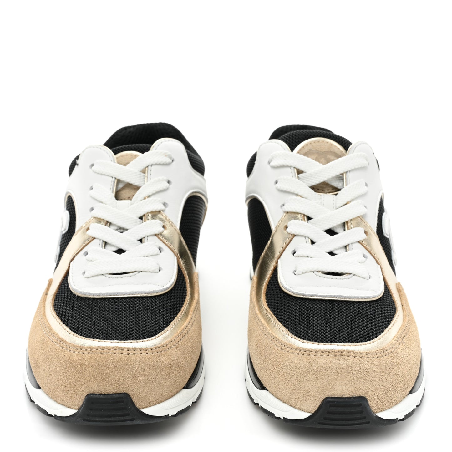 Mesh Suede Calfskin Womens CC Sneakers 36 White Black Beige Gold