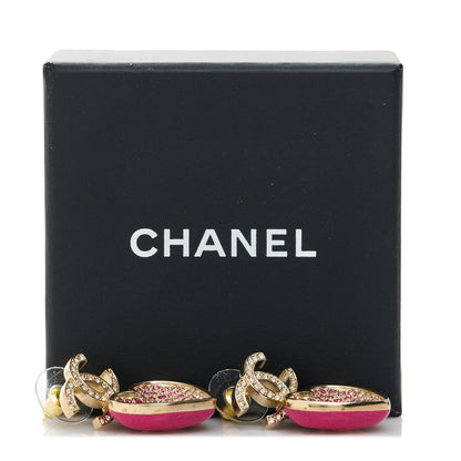 Chanel Crystal CC Resin Heart Drop Earrings Pink Gold 3 of 6