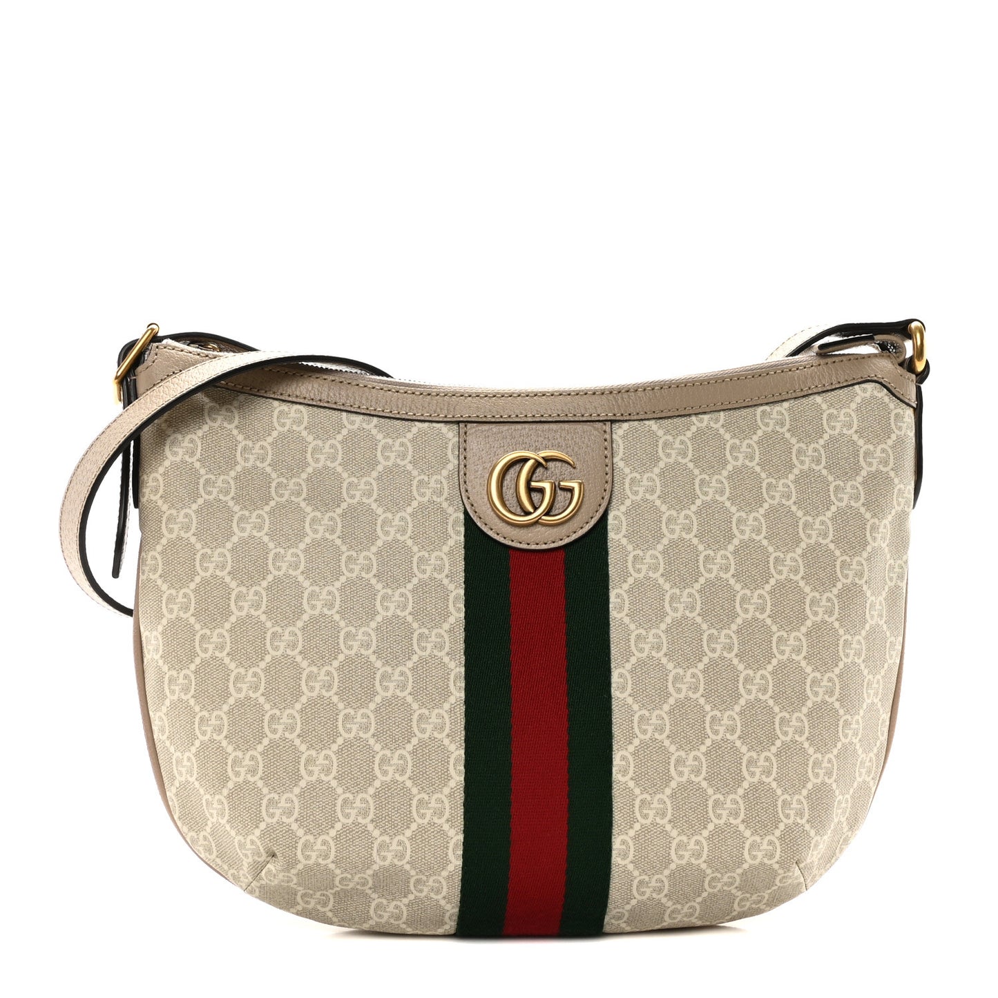 GG Supreme Monogram Textured Dollar Calfskin Web Small Ophidia Half Moon Hobo Beige Mystic White Oatmeal