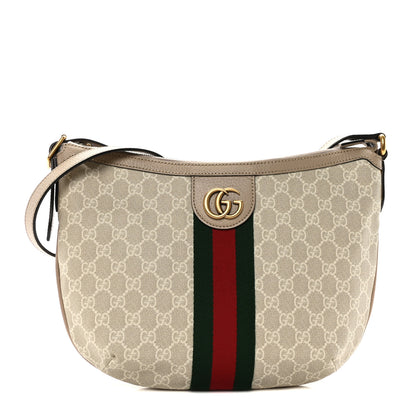 Gucci GG Supreme Monogram Textured Dollar Calfskin Web Small Ophidia Half Moon Hobo Beige Mystic White Oatmeal 1 of 10