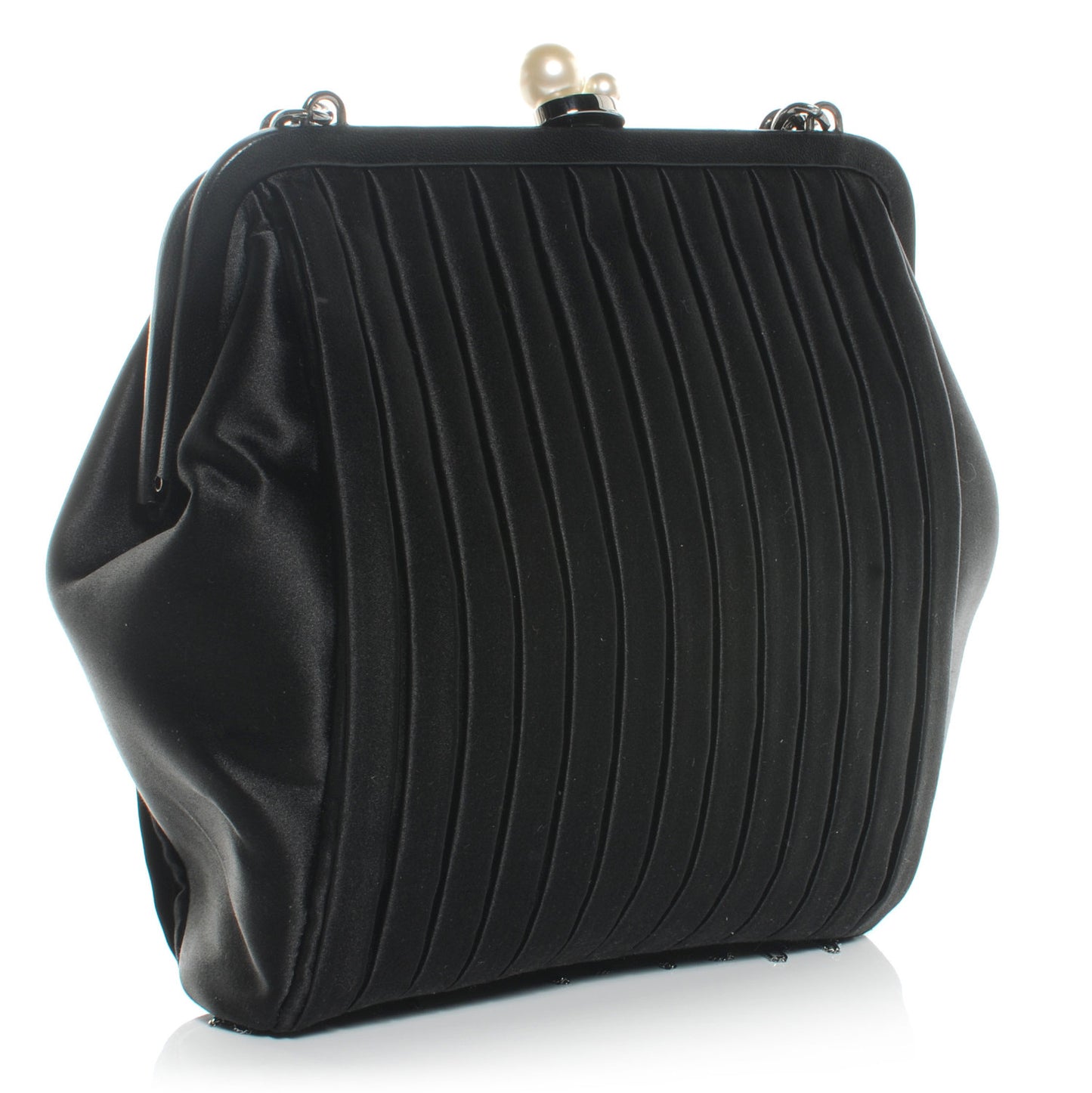 Satin Vertical Pleats Chain Fringe Evening Bag Black