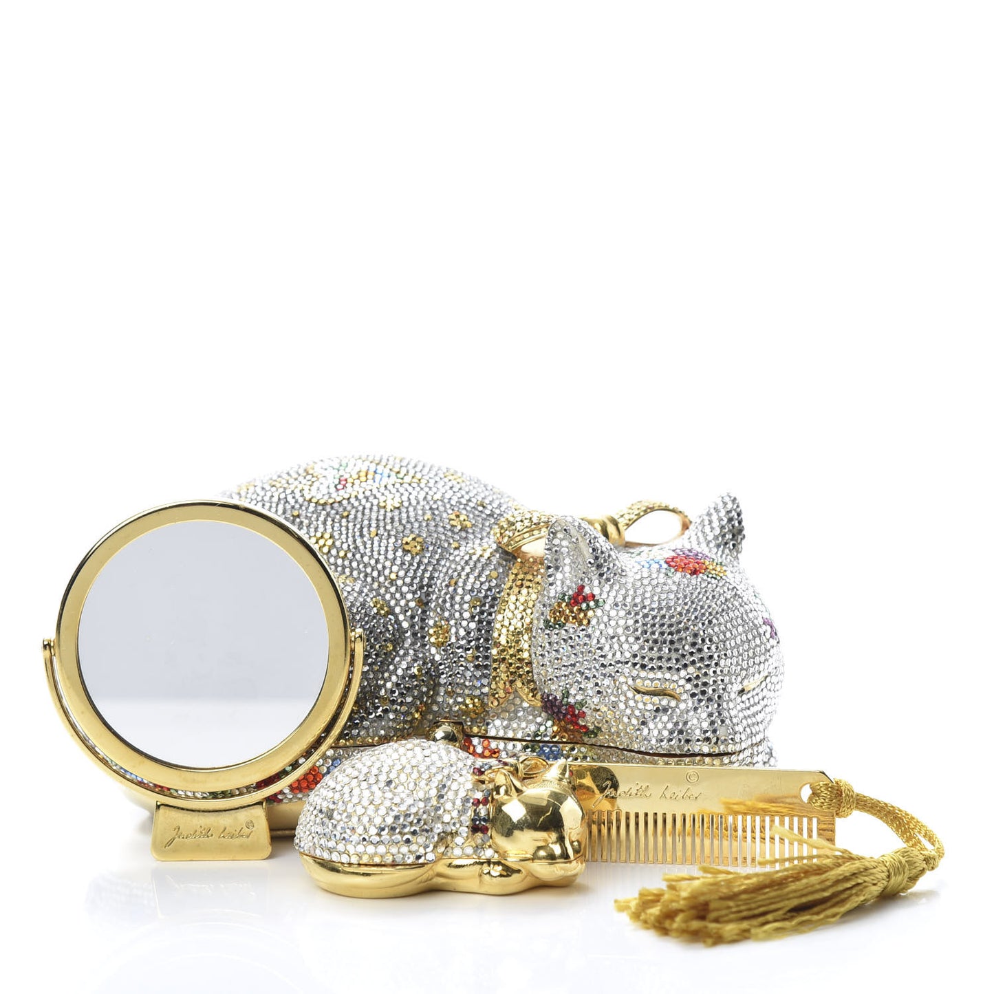 Swarovski Crystal Sleeping Cat Minaudiere Clutch Silver Gold Multicolor
