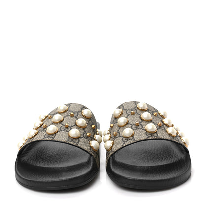 Gucci GG Supreme Monogram Pearls Slide Sandals 41 Beige 2 of 7