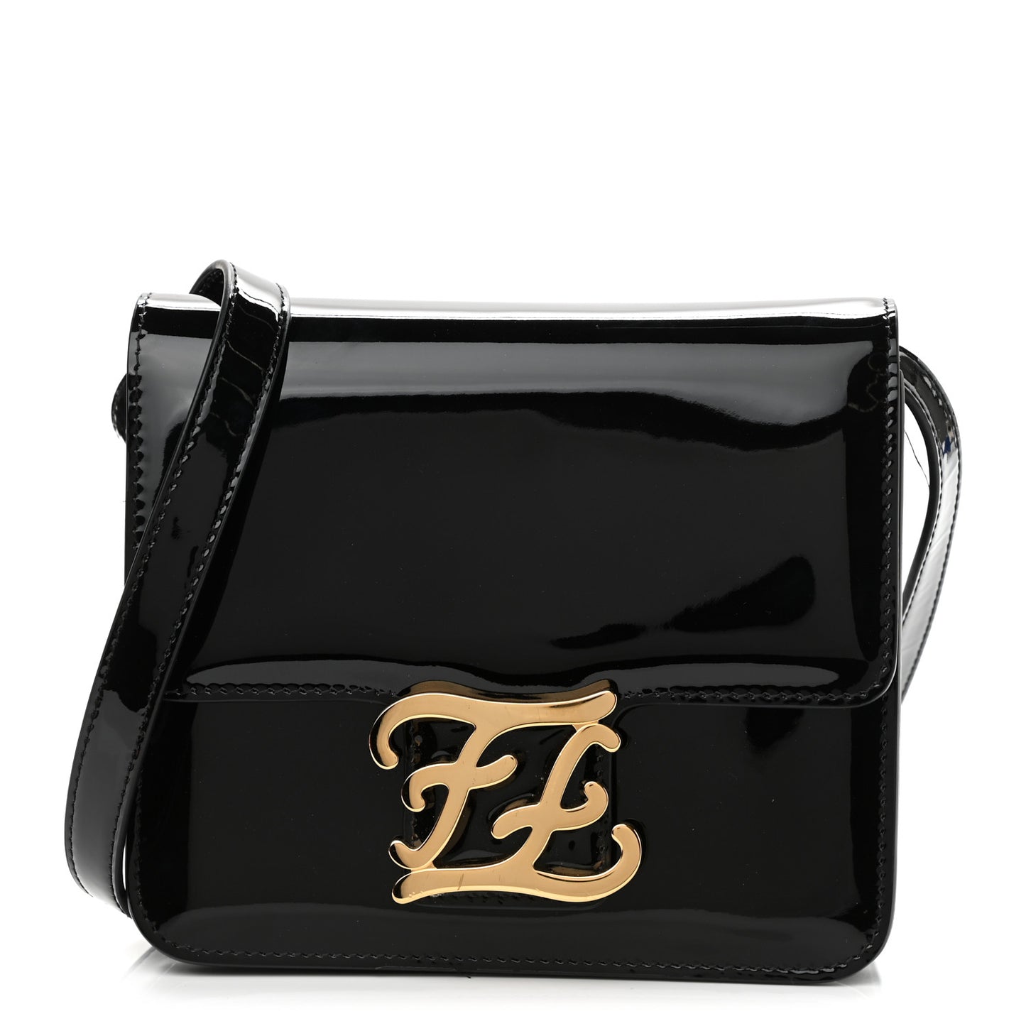 Vitello Vernice Mou Karligraphy Crossbody Bag Black