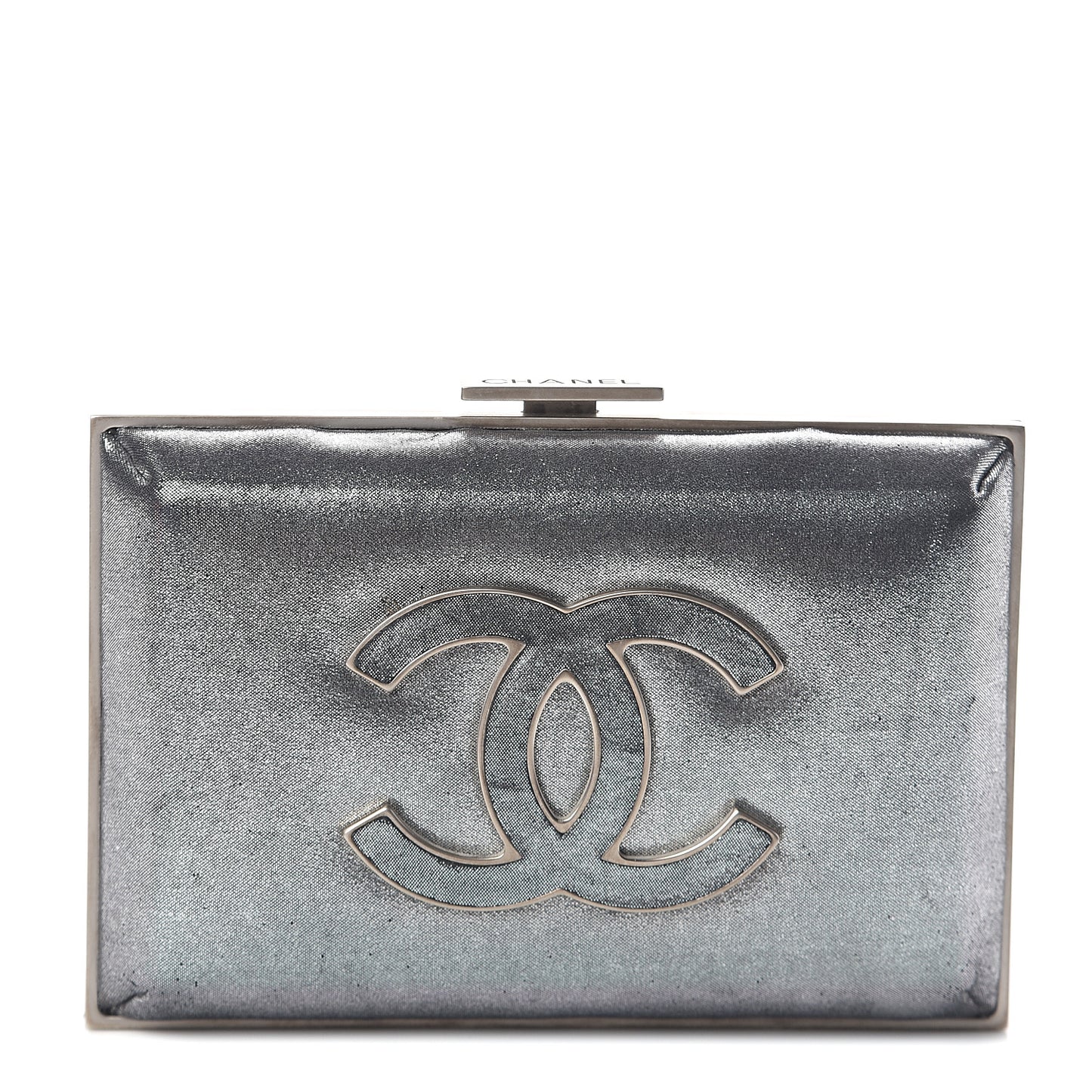 Iridescent Calfskin Quilted CC Lock Evening Clutch Silver