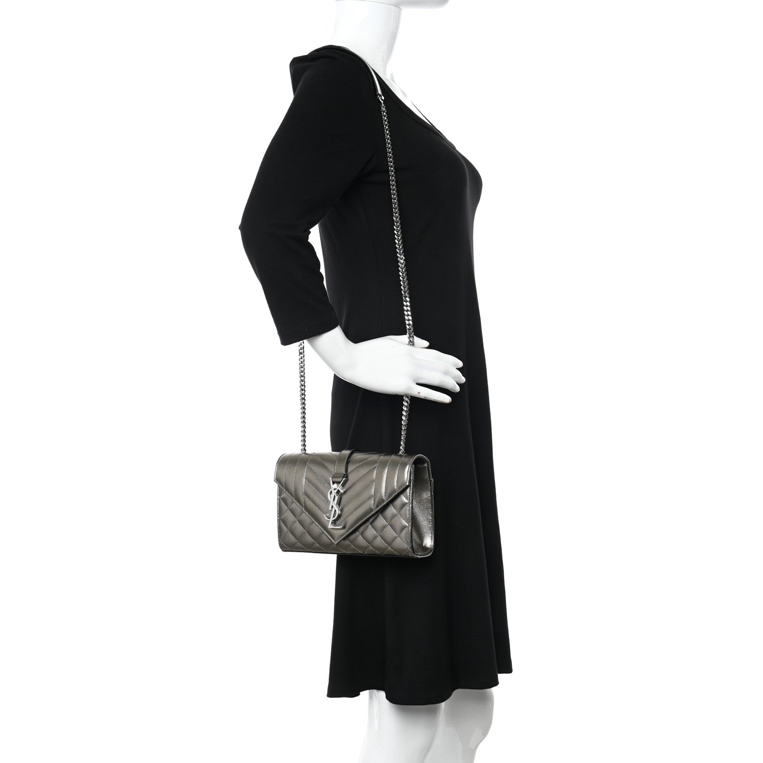 Saint Laurent Metallic Grain De Poudre Textured Mixed Matelasse Triquilt Small Monogram Satchel Piombo 2 of 9