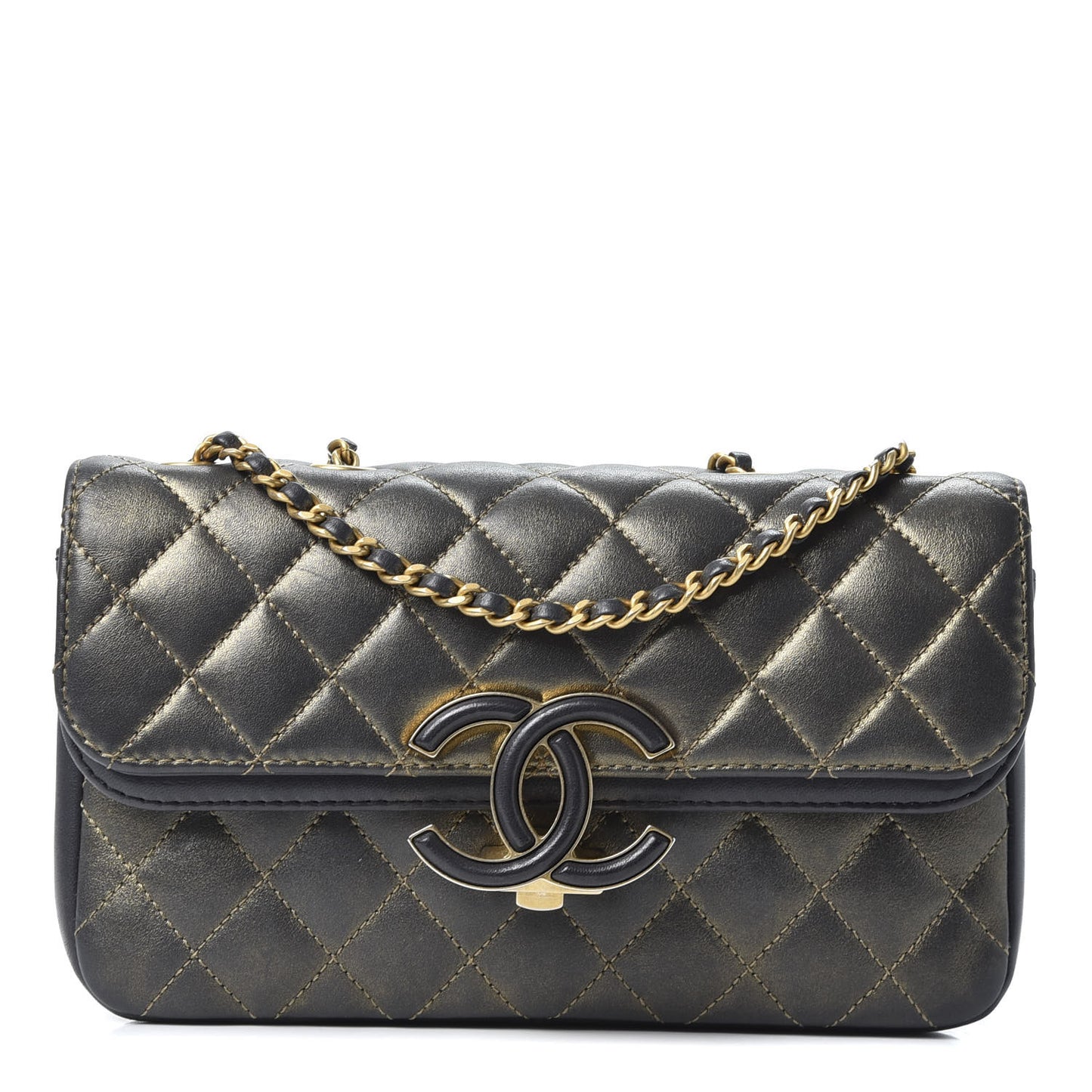 Metallic Calfskin Lambskin Quilted Small CC Chic Flap Dark Grey Gold