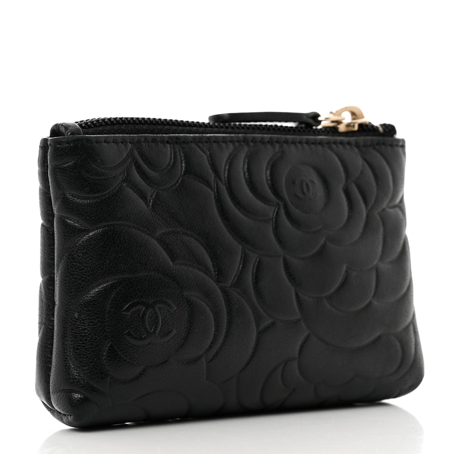 Lambskin Camellia Embossed Key Holder Case Black