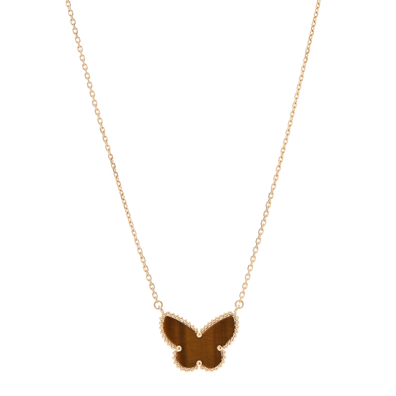 Van Cleef & Arpels 18K Yellow Gold Tiger Eye Lucky Alhambra Butterfly Pendant Necklace 1 of 6