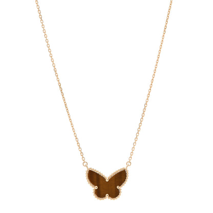 Van Cleef & Arpels 18K Yellow Gold Tiger Eye Lucky Alhambra Butterfly Pendant Necklace 1 of 6