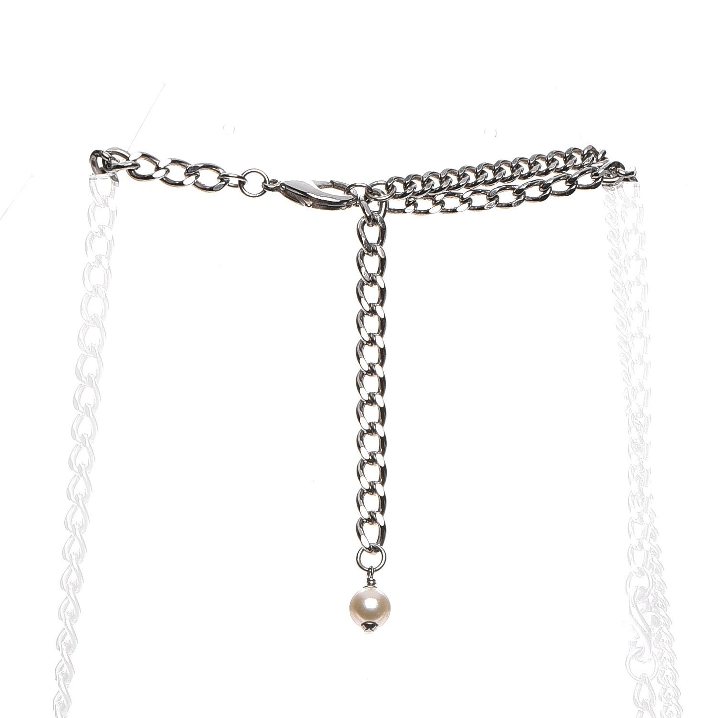 Pearl CC Long Chain Necklace Silver