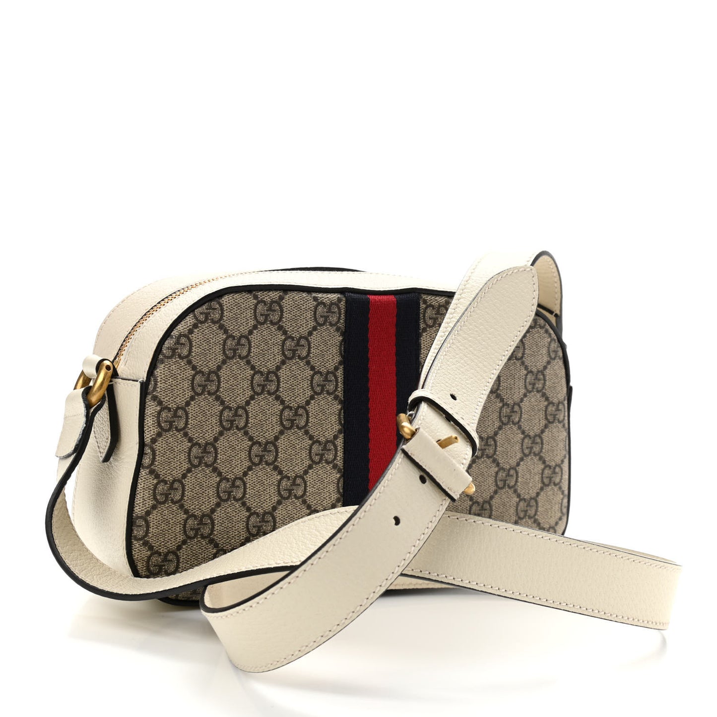 GG Supreme Monogram Textured Calfskin Web Small Ophidia Camera Bag Beige Ebony Mystic White