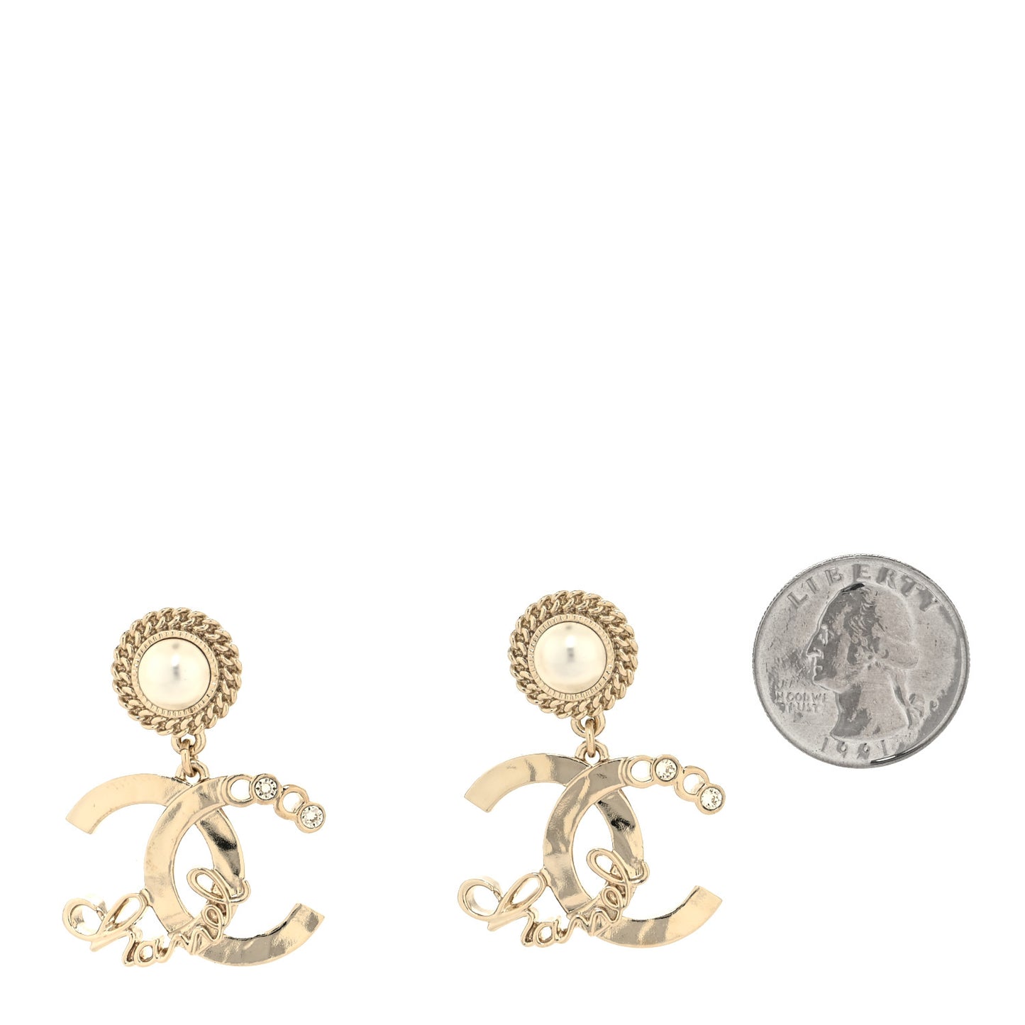 Metal Pearl Crystal Coco Script CC Drop Earrings Gold Gold