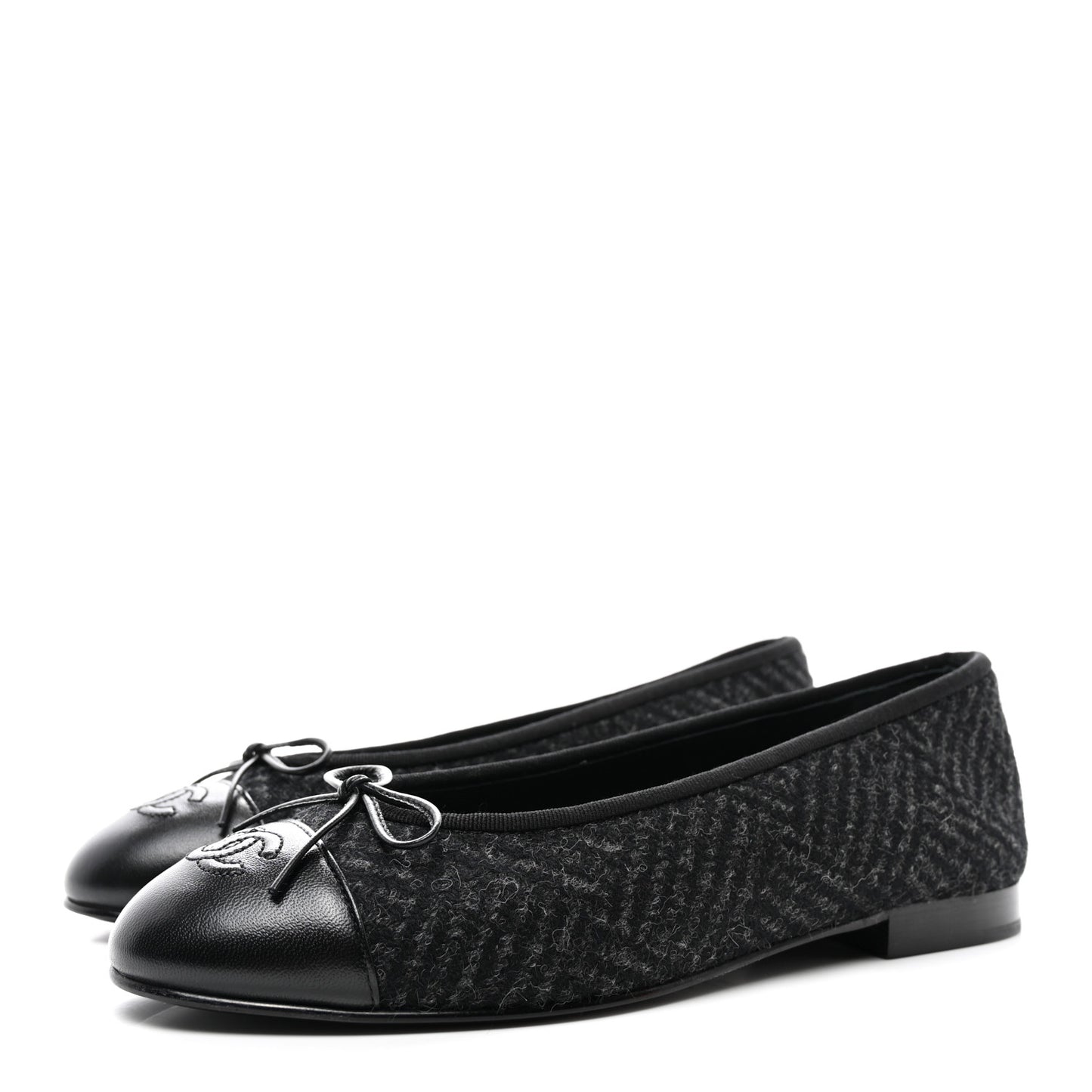 Wool Tweed Lambskin Cap Toe Ballerina Flats 40 Black Grey