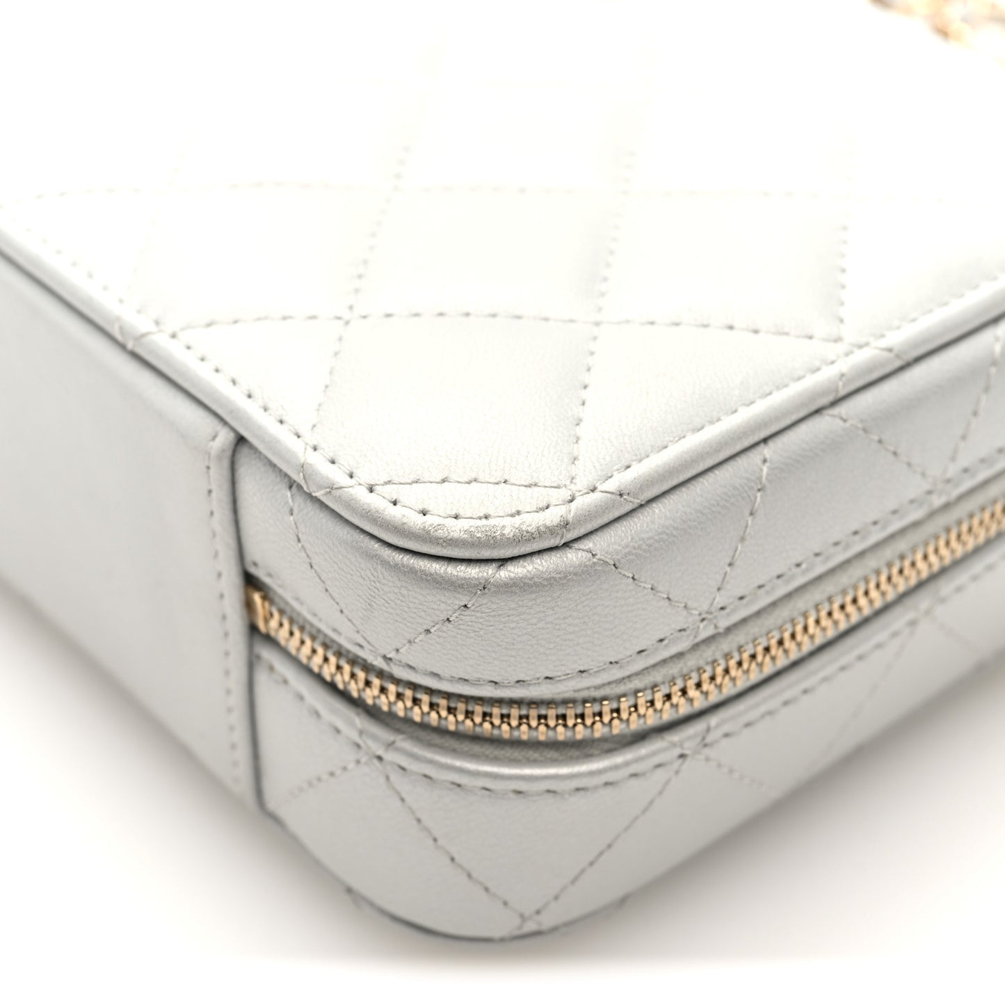Metallic Lambskin Quilted Top Handle Vanity Case Silver