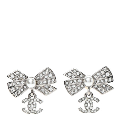Chanel Crystal CC Bow Drop Earrings Silver 1 of 5
