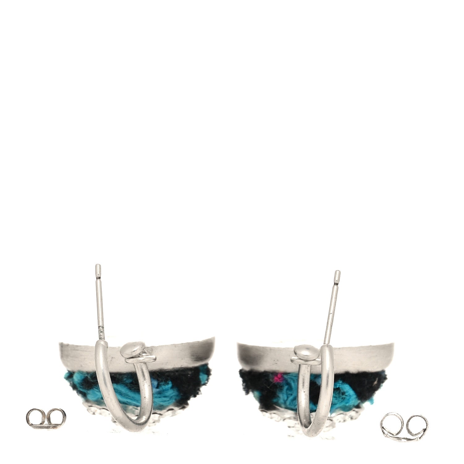 Chanel Metal Tweed Crystal CC Half Hoop Earrings Silver Blue 3 of 4