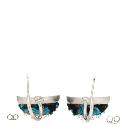 Chanel Metal Tweed Crystal CC Half Hoop Earrings Silver Blue 3 of 4