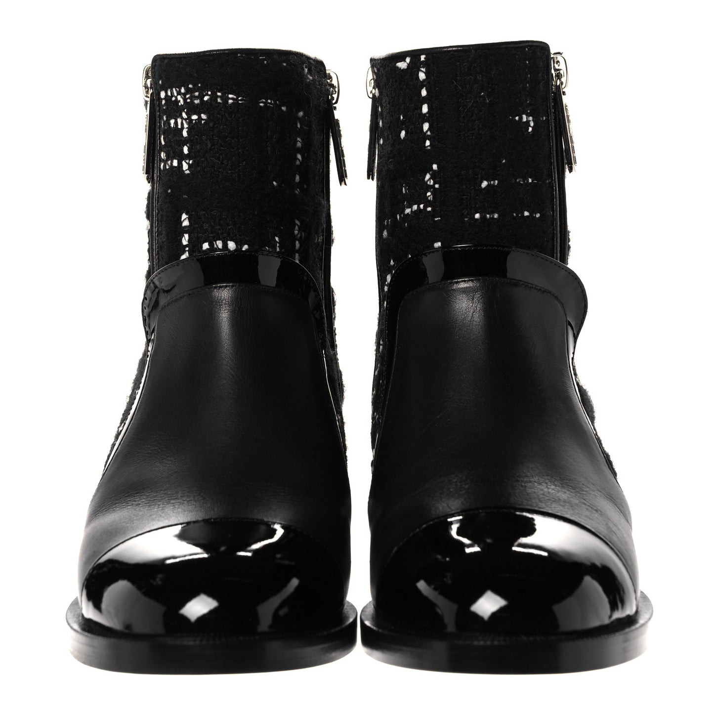 Patent Calfskin Tweed Patent Cap Toe CC Zip Boots 37.5 Black