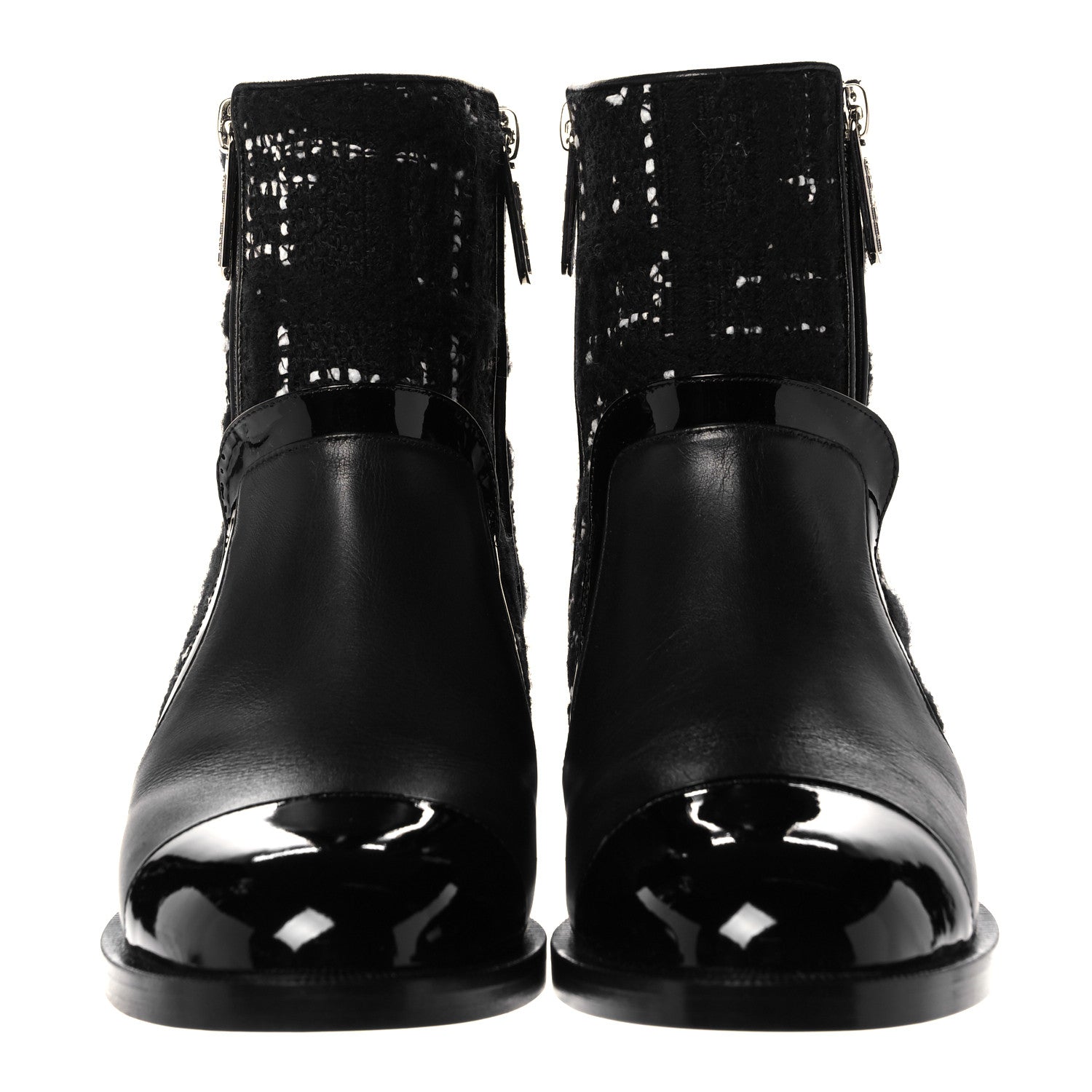 Chanel Patent Calfskin Tweed Patent Cap Toe CC Zip Boots 37.5 Black 2 of 9