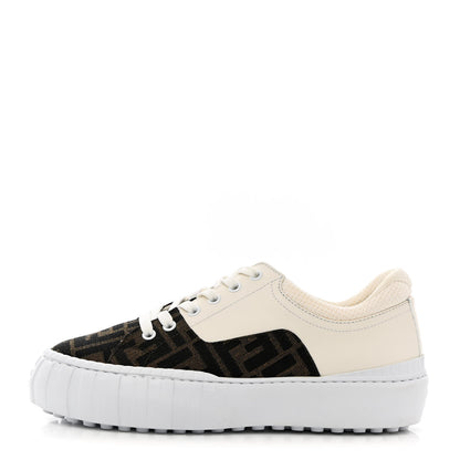 Fendi Fabric Jacquard Vitello Technical Fabric FF Womens Fendi Force Low Top Sneakers 38 Tobacco Black Ultrawhite White 1 of 12