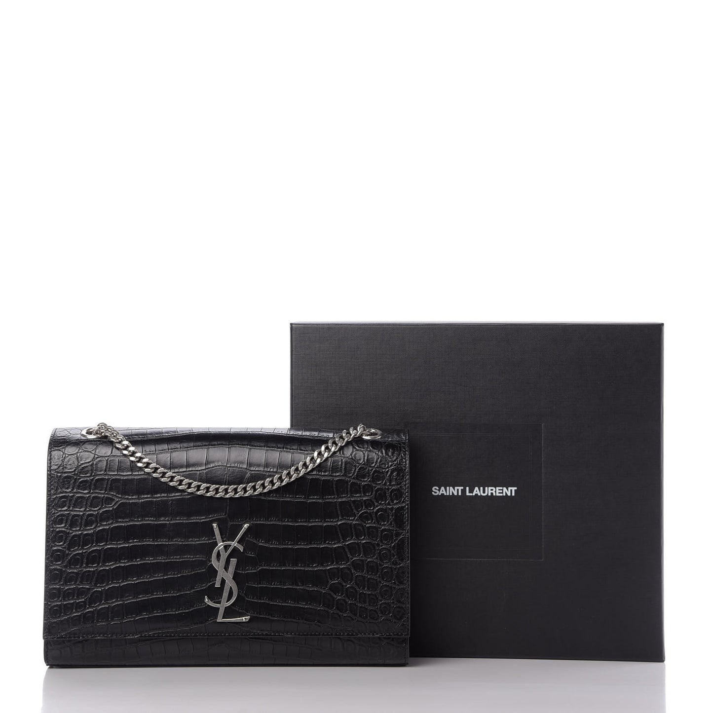 Calfskin Crocodile Embossed Large Classic Monogram Kate Satchel Black