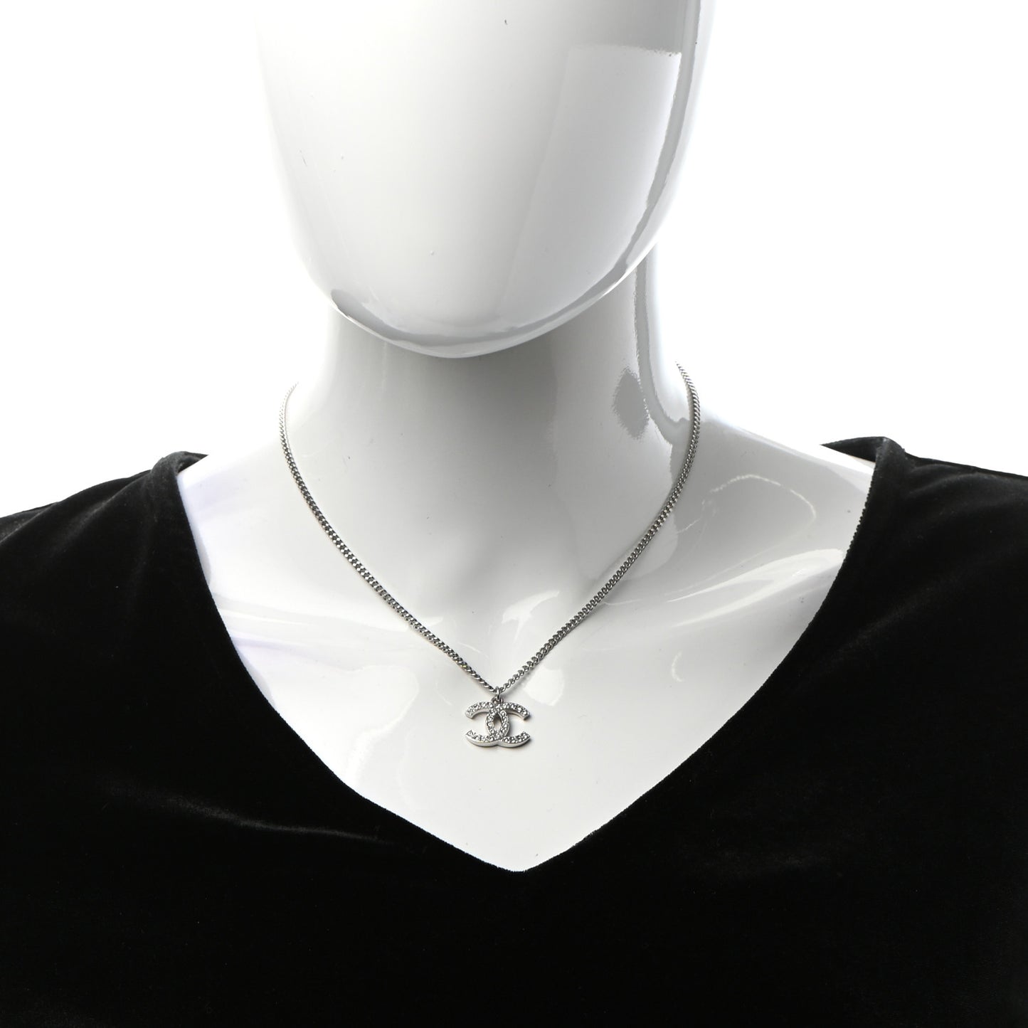 Crystal Pearl CC Pendant Necklace Silver