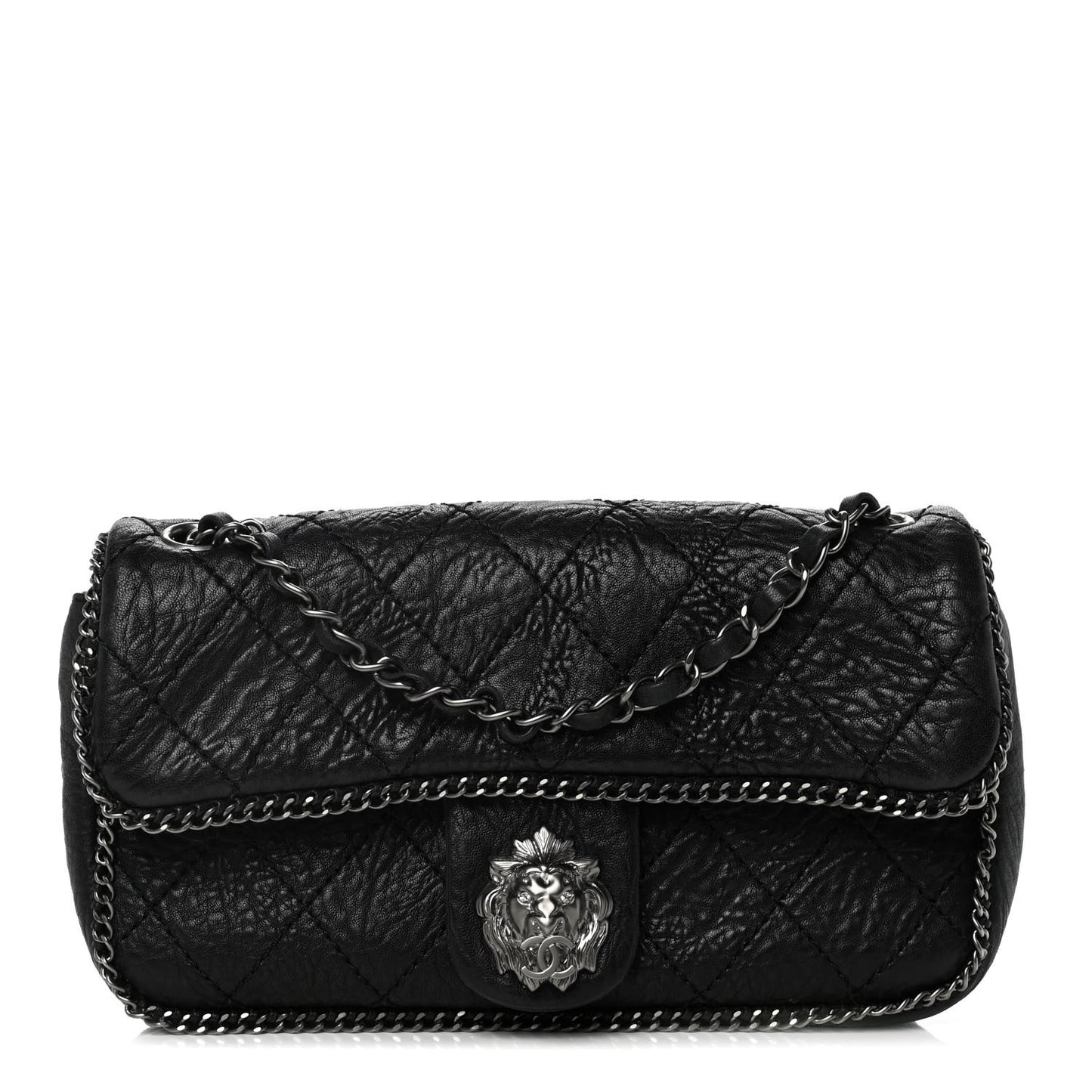 Distressed Lambskin Medium Leo Lion Flap Black