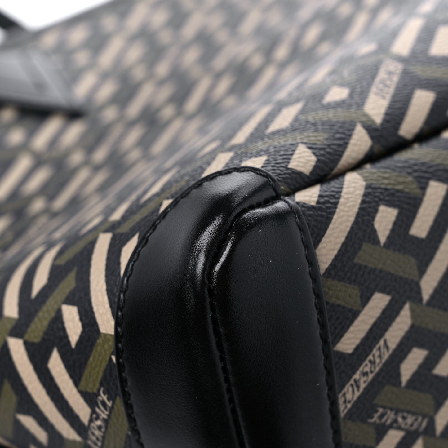 Coated Canvas Calfskin La Greca Signature Shopper Tote Bag Black Khaki