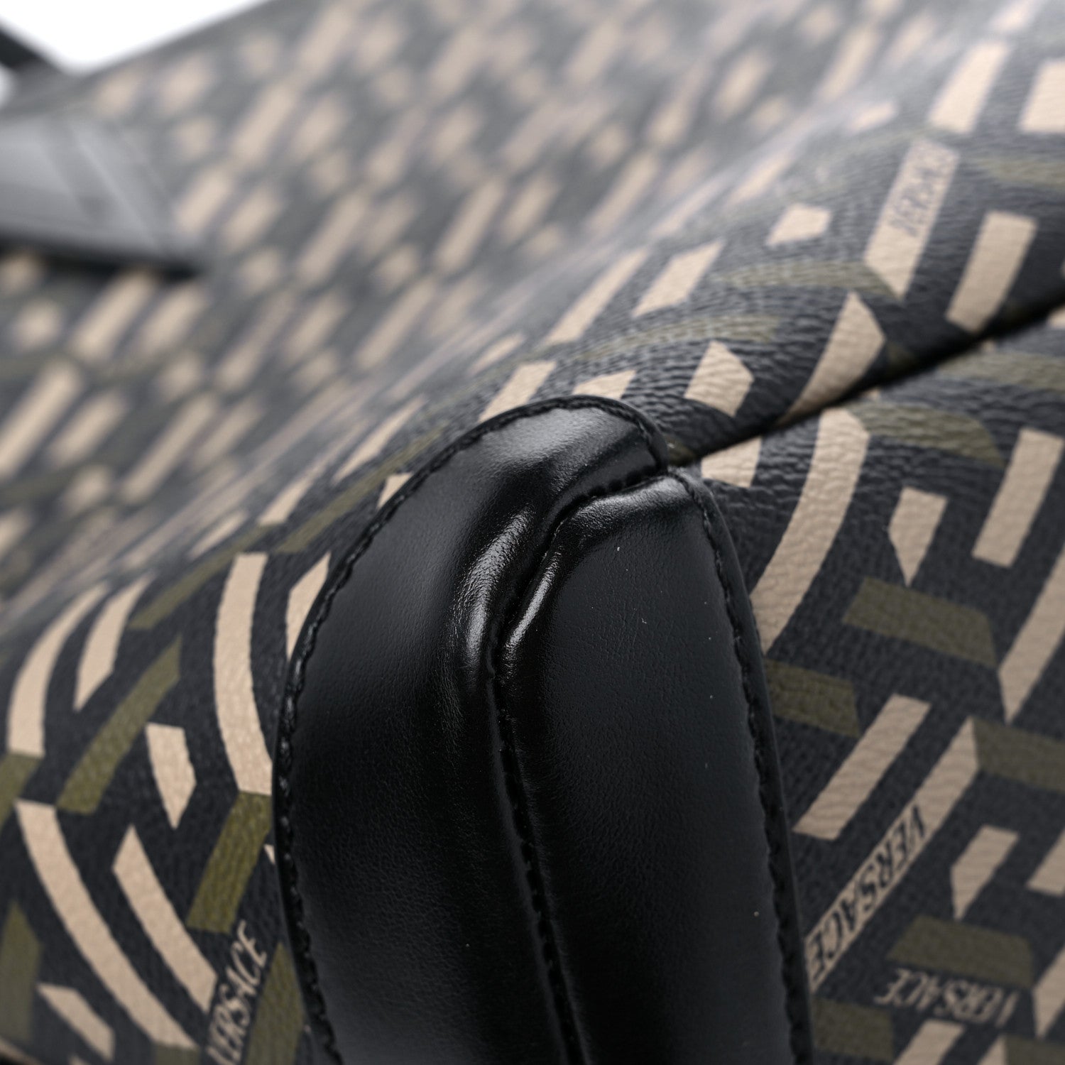Versace Coated Canvas Calfskin La Greca Signature Shopper Tote Bag Black Khaki 10 of 12