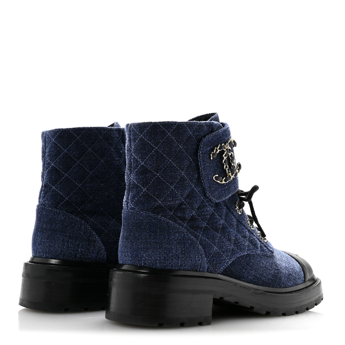 Shiny Calfskin Velvet Quilted Lace Up Combat Boots 39 Blue