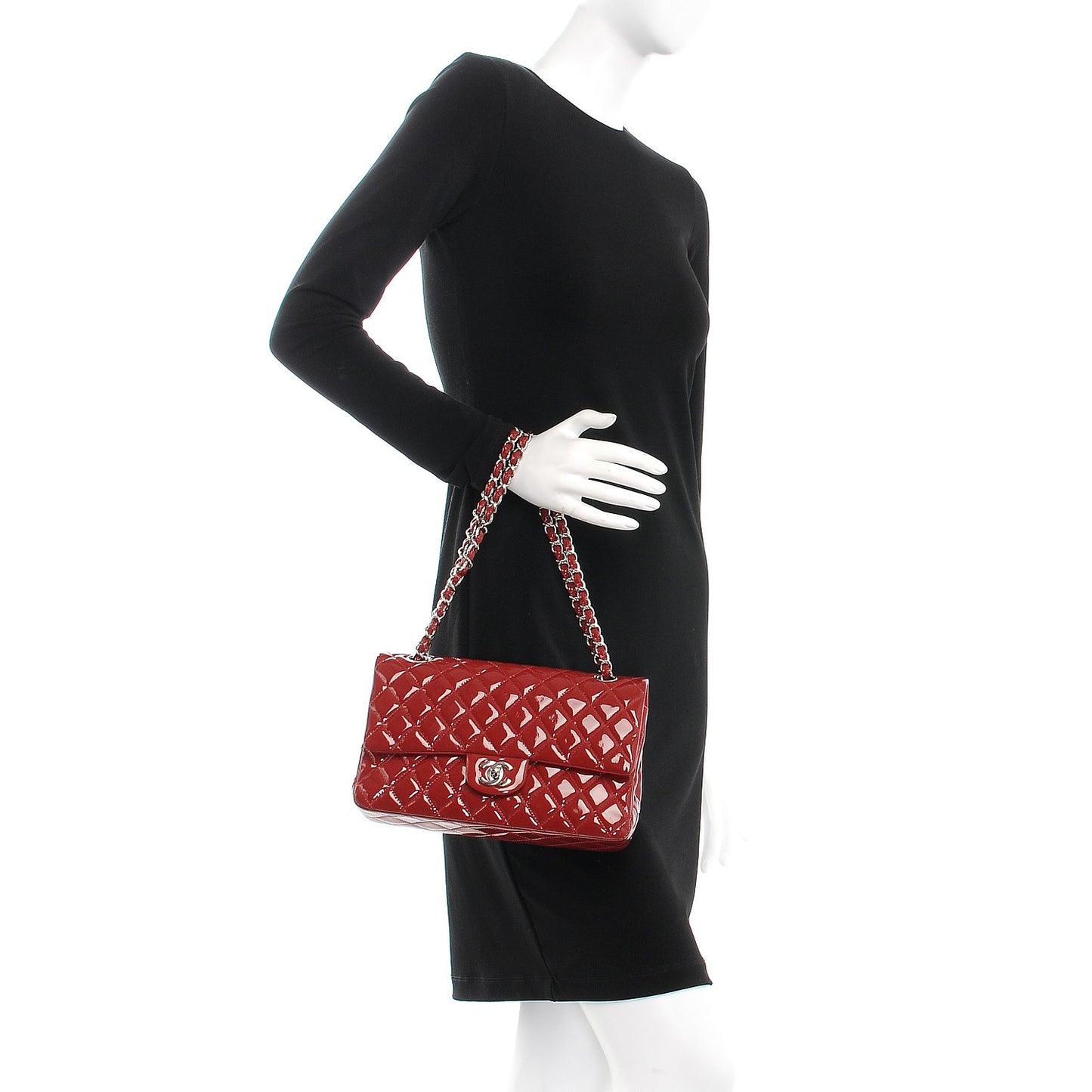 Patent Calfskin Quilted Medium Double Flap Dark Red
