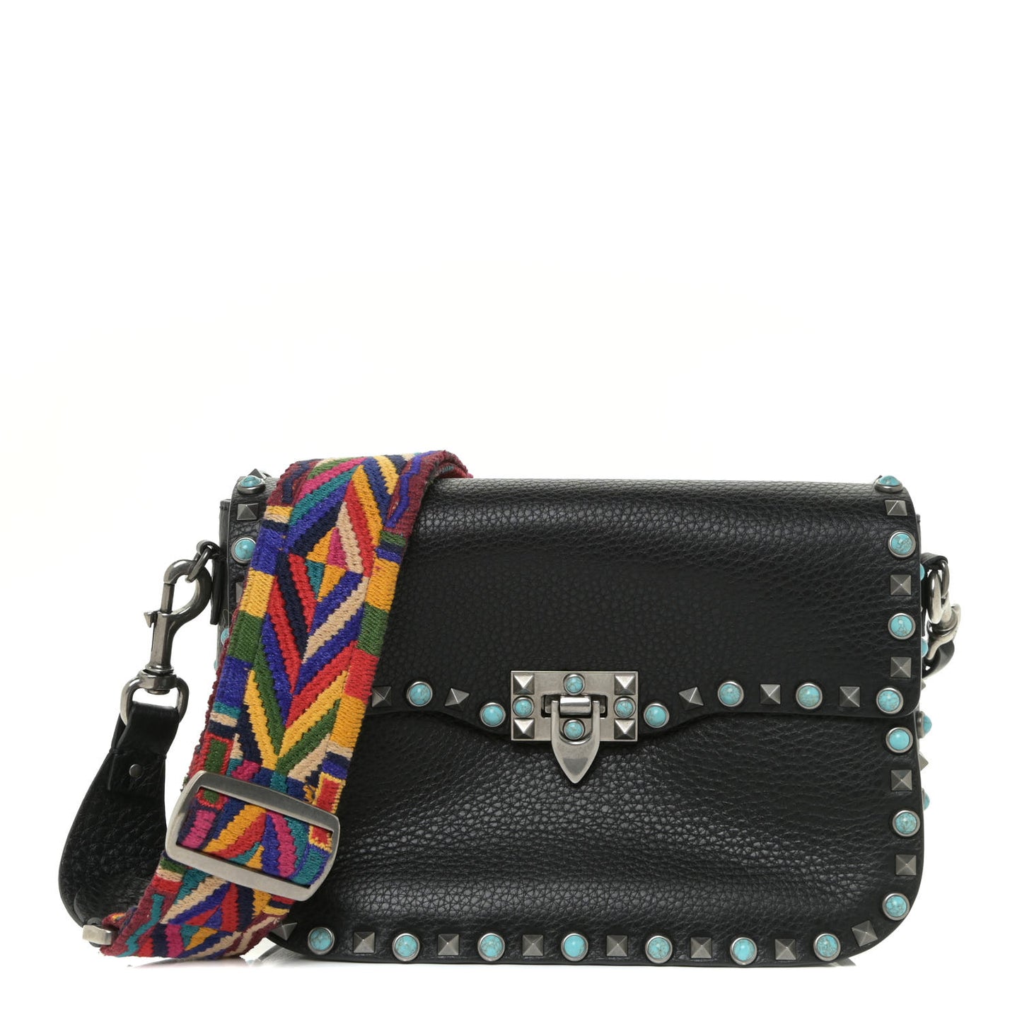 Pebbled Calfskin Turquoise Medium Guitar Strap Rockstud Rolling Flap Saddle Bag Black